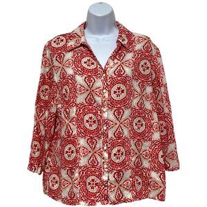 JM Collection-Women's Large Petite Button Top Linen Multi-Color Collared V-Neck